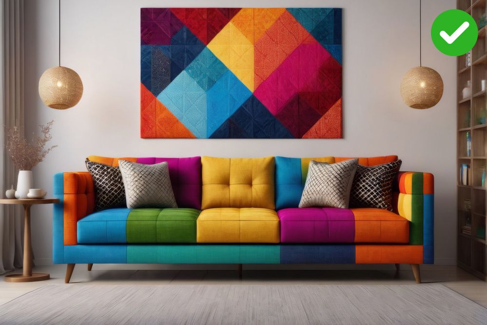 Multi colour furniture on a white backgound with beige ceiling lights
