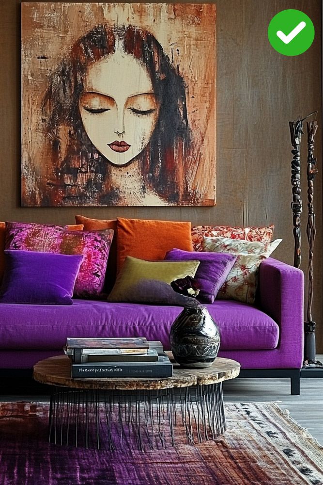 Purple colour furniture that matches purple accents on the rug and the wall art