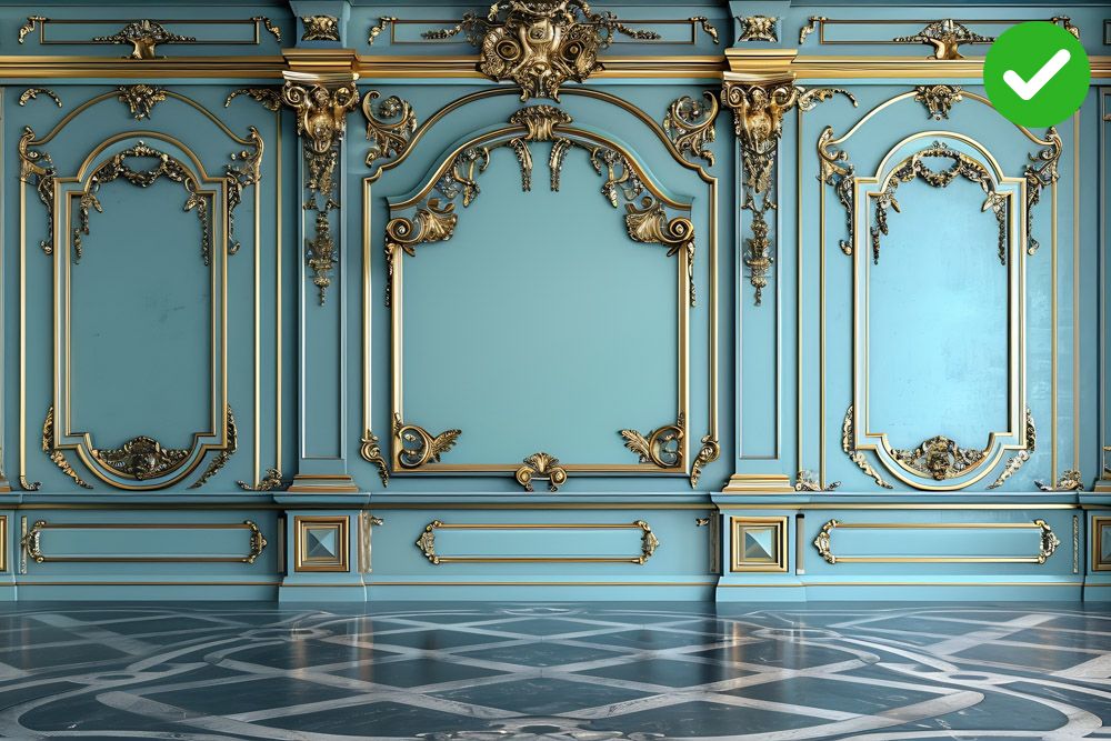 Architectural mouldings painted in gold paint with a pastel blue wall