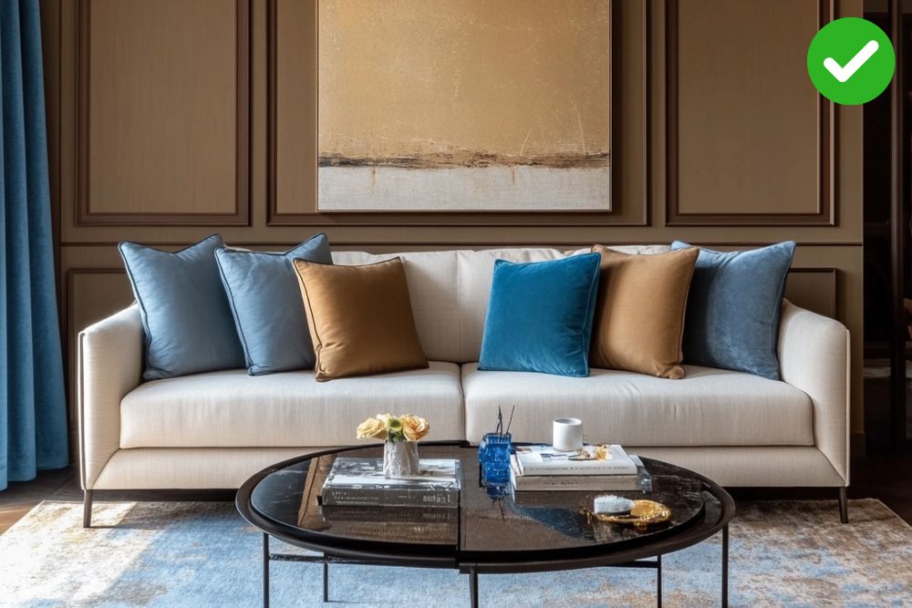 a room with off white sofa blue and brown cushions and brown walls