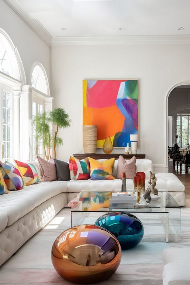 a white minimalist living room design with bits of maximal colour accents