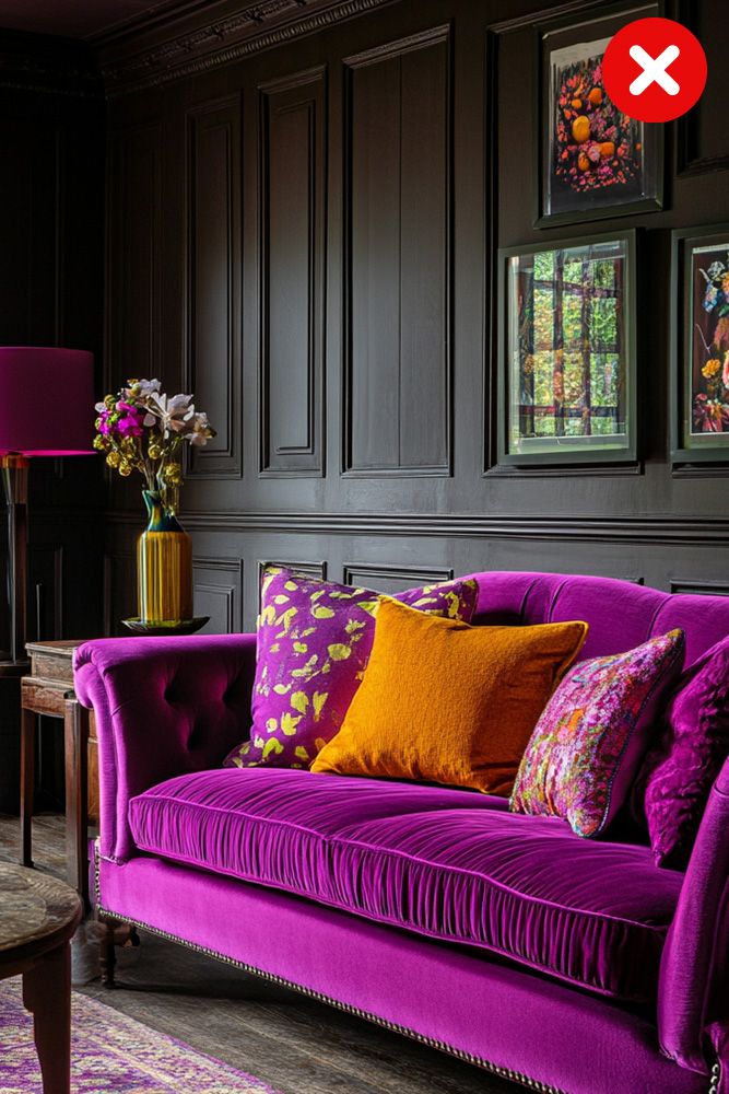 Bright purple funiture with unmatching brown colour wall