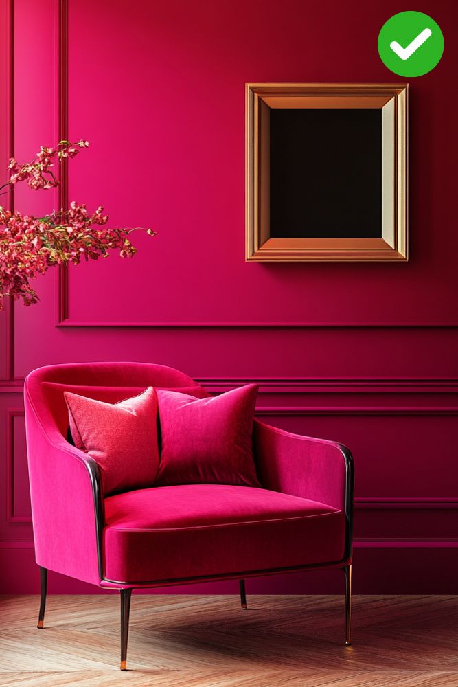 Vibrant fuschia pink wall with light beige wooden floor