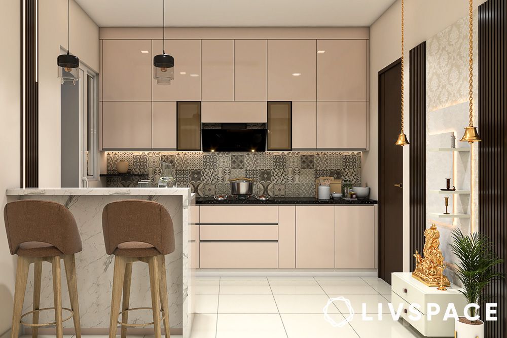 Soft pastel shades to create the illusion of space in open kitchen designs