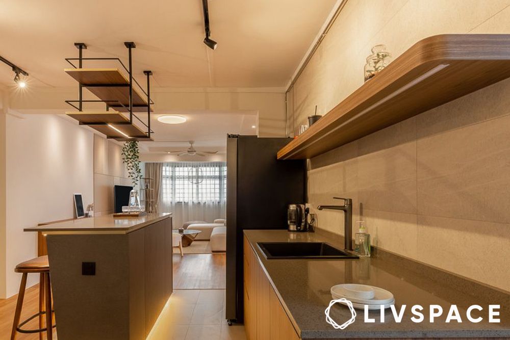 Small open kitchen design with suspended storage