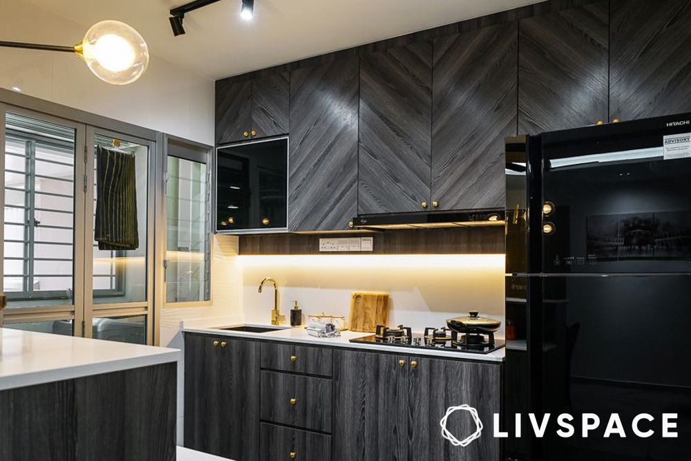 Black textured open kitchen designs