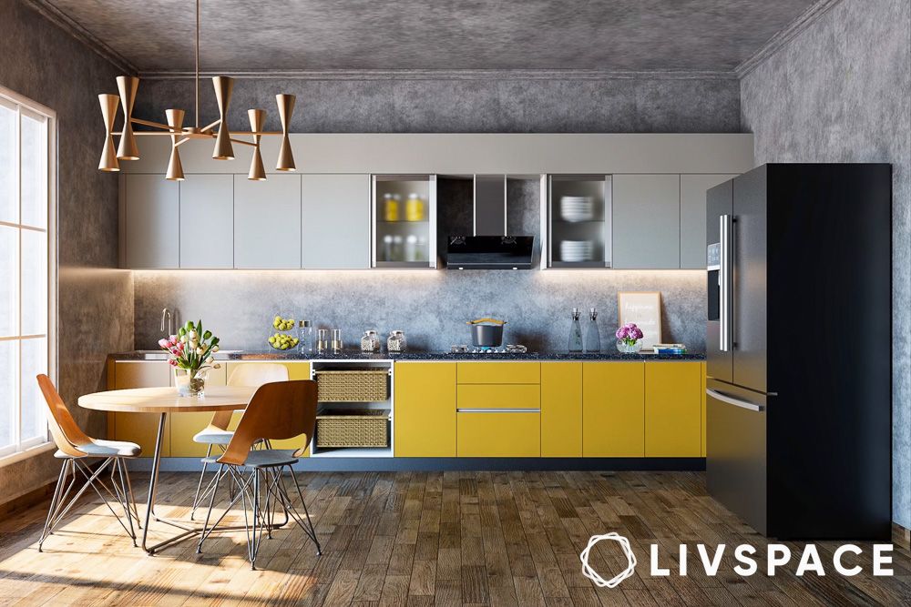 Statement concete black ceiling in open kitchen interior design