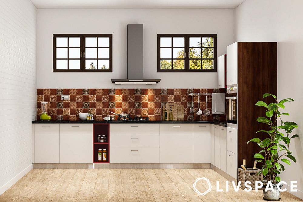 Statement Athangudi or mosaci backsplash in open kitchen interior design