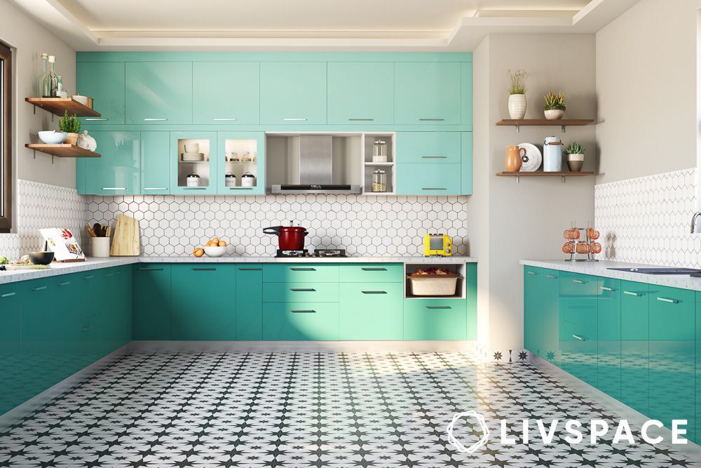 Statement black and white flooring in open kitchen interior design