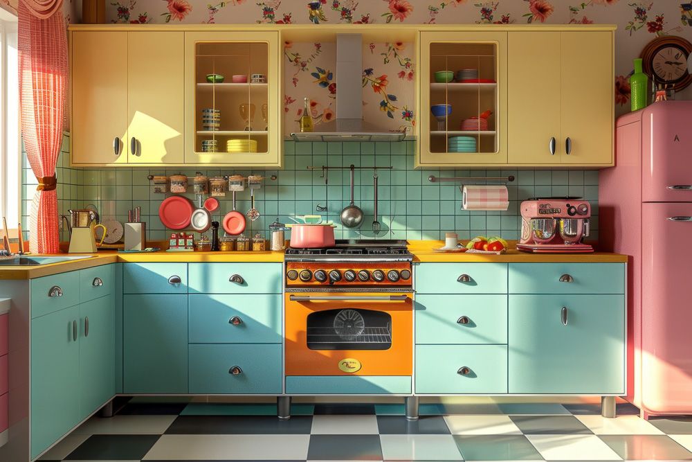 Colour blocked cabinets for open kitchen shelving