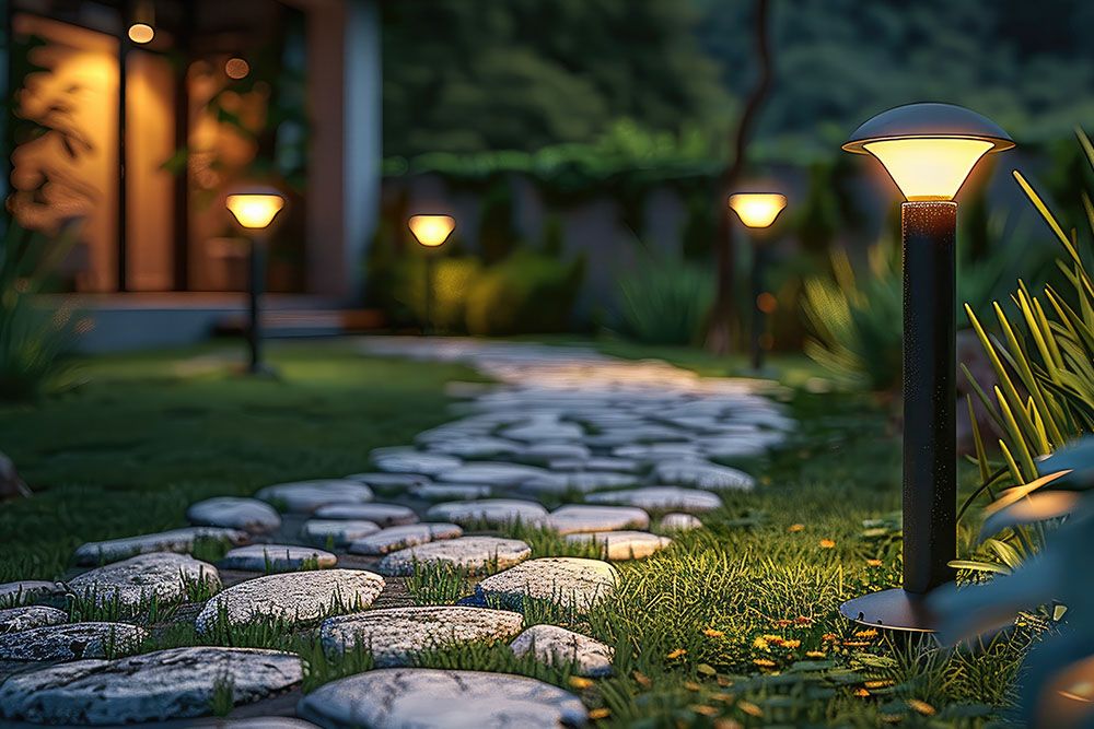 at night there is a lawn outside with stone roads and grass on both sides of each road there are three led floor lamps on the front garden landscape lighting design is simple