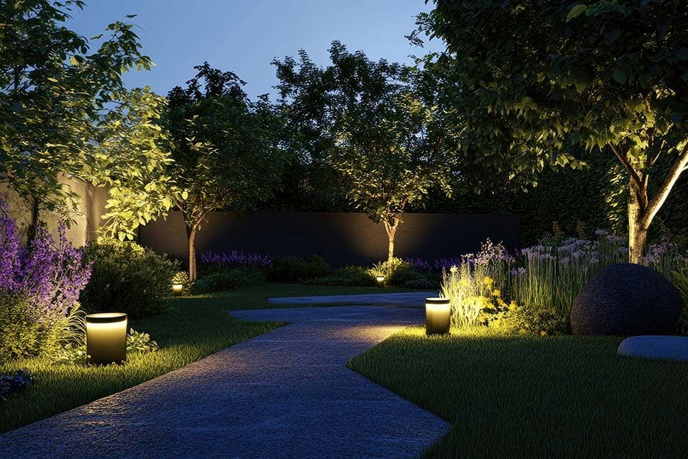 elegant floodlight garden illuminated by a variety of stylish garden spotlights and focus light for outdoors fixtures this floodlight garden setting offers a serene ambiance