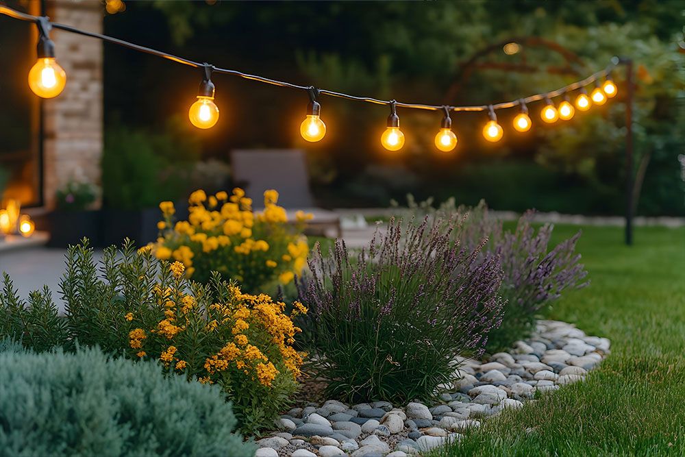 evening garden with string lights or Festoon Lights illuminating flowers and plants that can also be used as Christmas outdoor lights