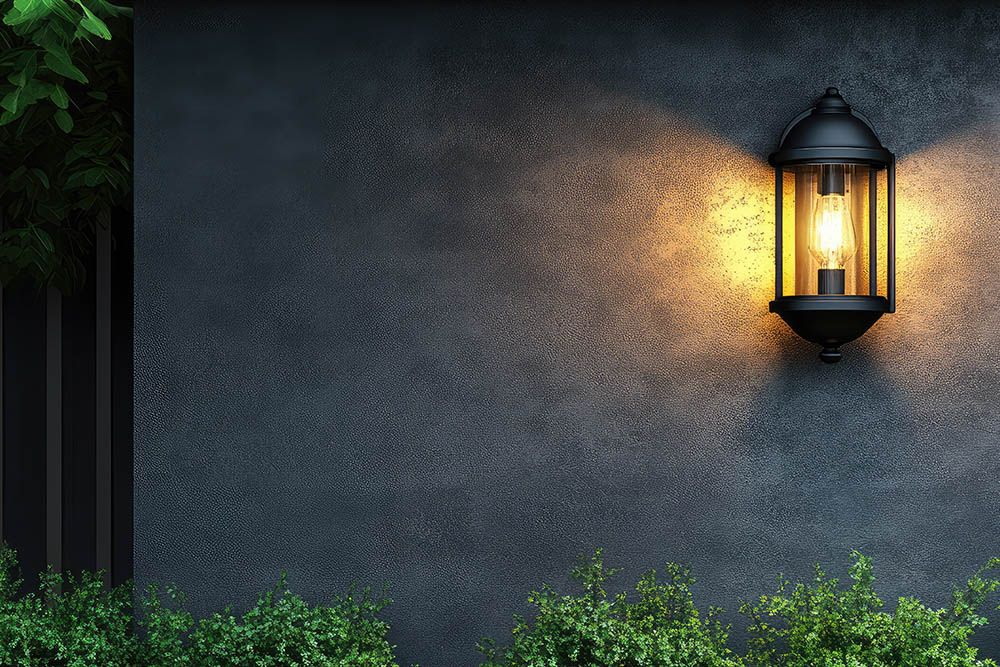 modern black exterior Garden wall lights illuminating a stylish porch complementing upscale garden design with lanterns and rustic charm
