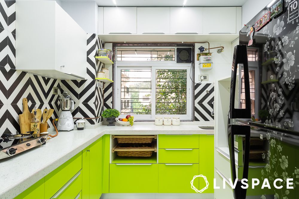 Green L shape modular kitchen design around windows