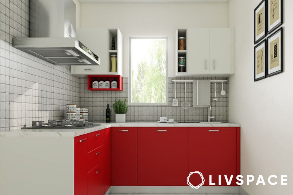 A two toned kitchen that fits in a corner
