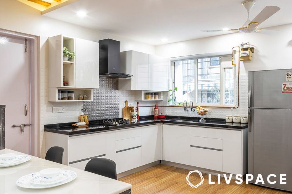 L shaped modular kitchen with an open layout