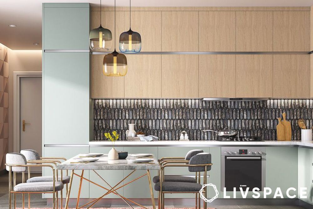 Mid century modern L shape modular kitchen design with dining