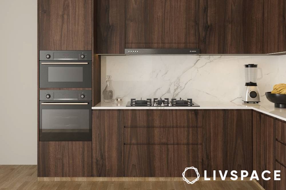 L shape kitchen design with marble countertop wooden kitchen cabinets