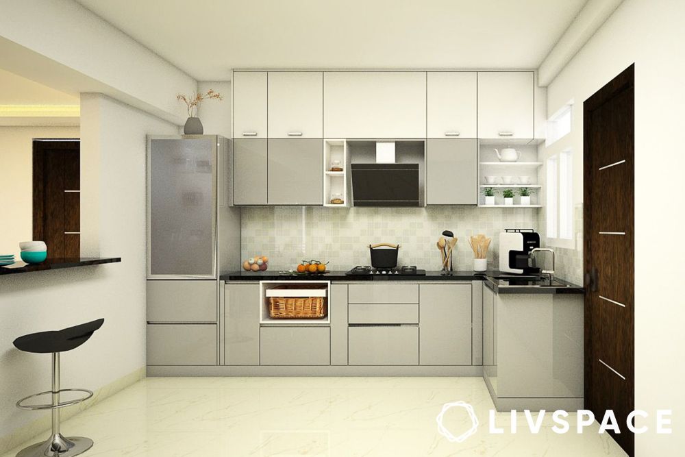 Neutral themed L shape modular kitchen design