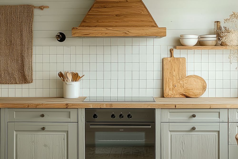 L shape kitchen interior design with wooden countertop