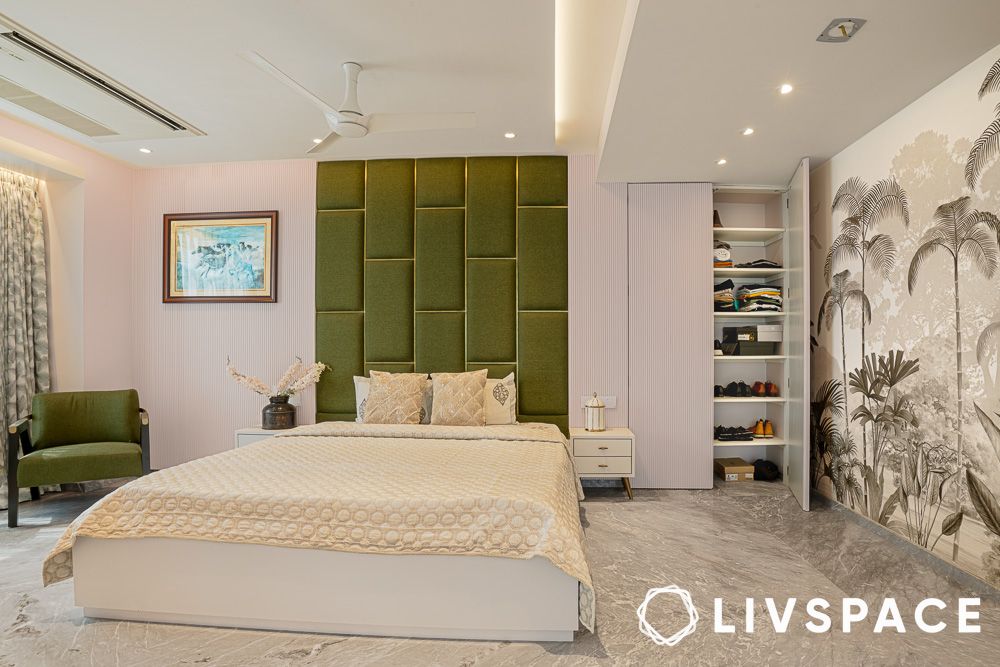 Bedside closet and green headboard design