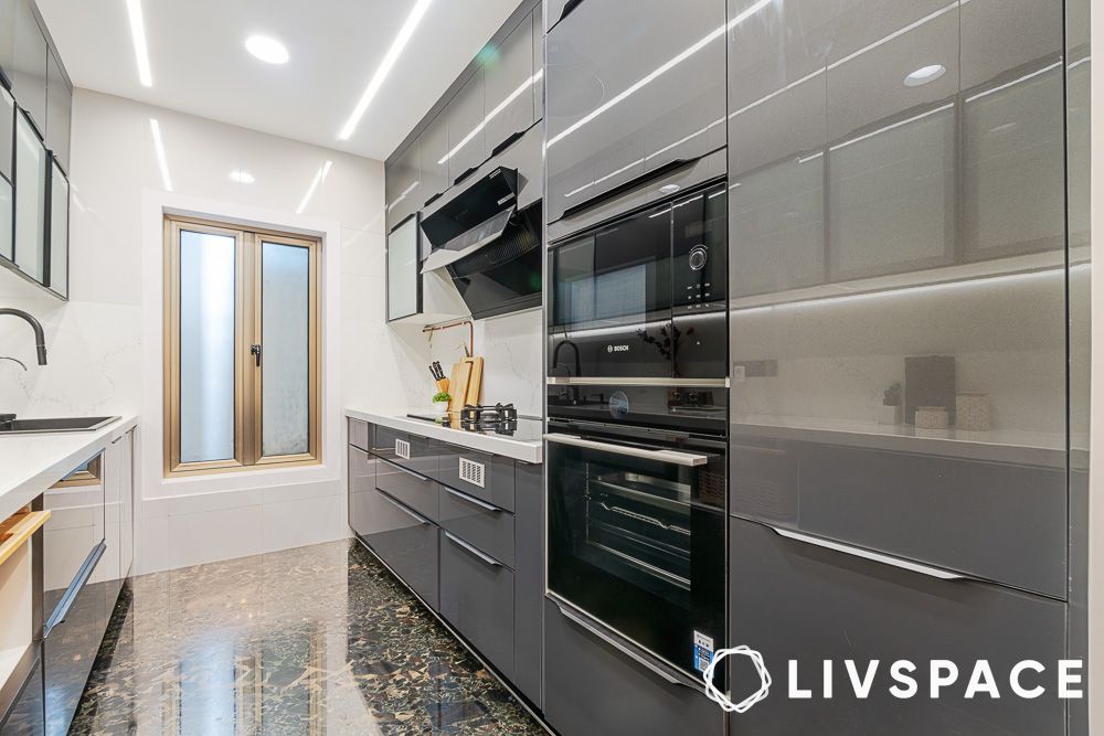 Built in appliances in a parallel kitchen design