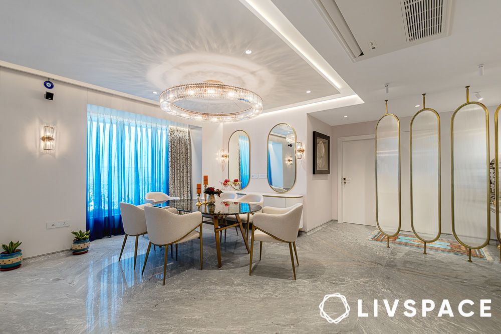 Dining area with frosted ornamental partition design