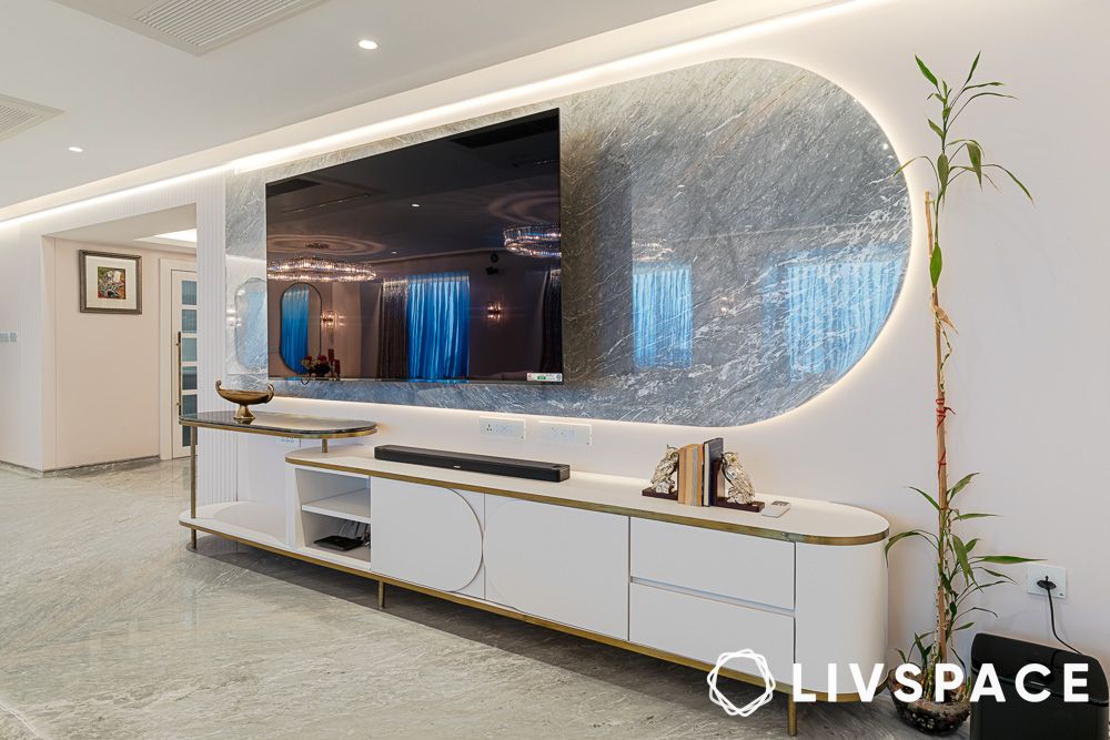 TV unit design with marble back panel