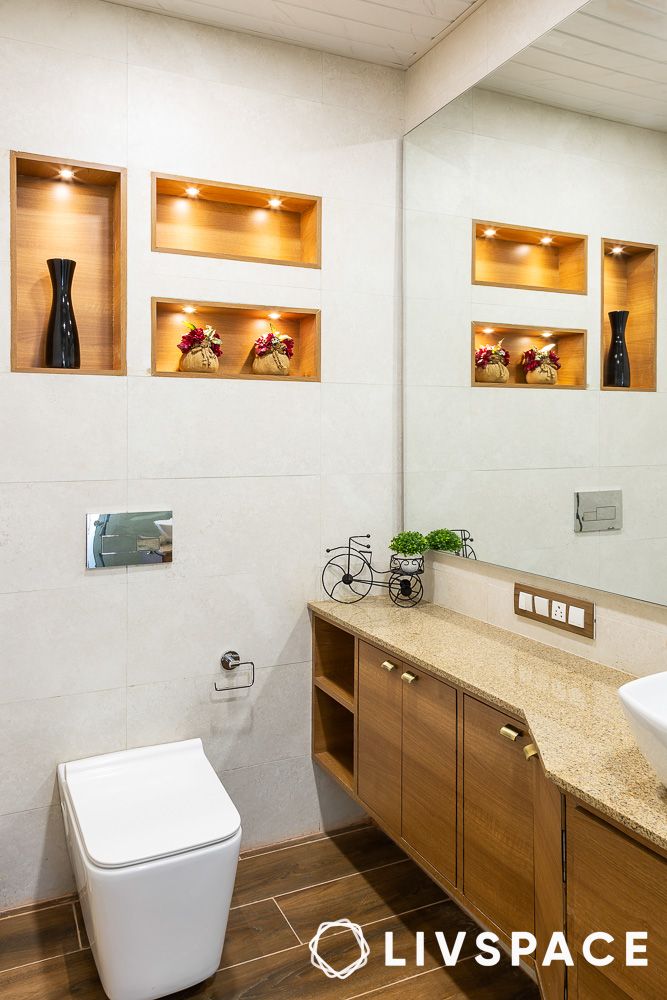 recessed shelves in bathroom