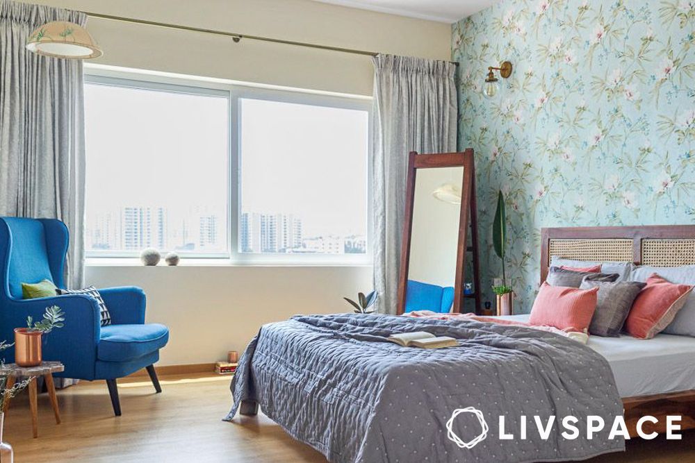 bedroom interior design cost bangalore floral wallpaper accent chair