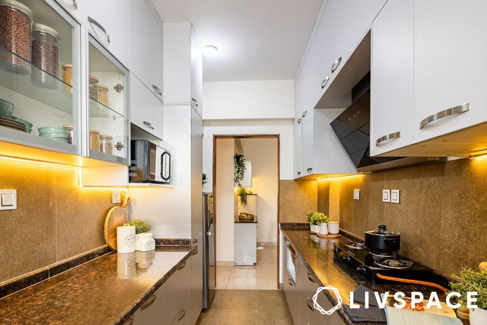 3bhk kitchen design with under cabinet LED strip lighting