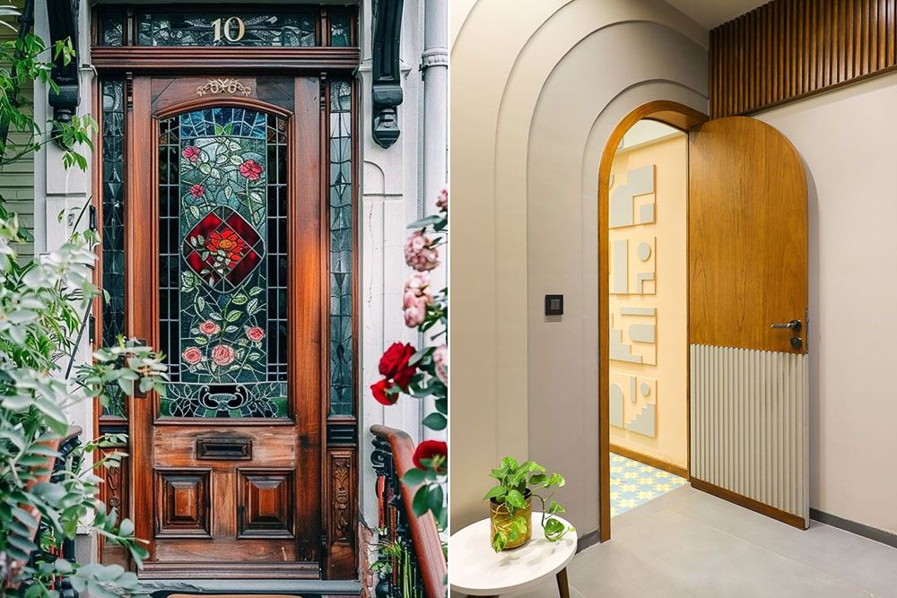 Door design with wood and stained glass and a modern Art Deco door design