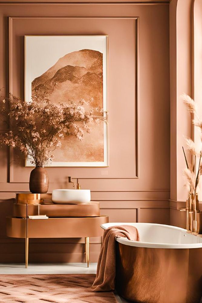bathroom with rose gold bathtub and flower decor