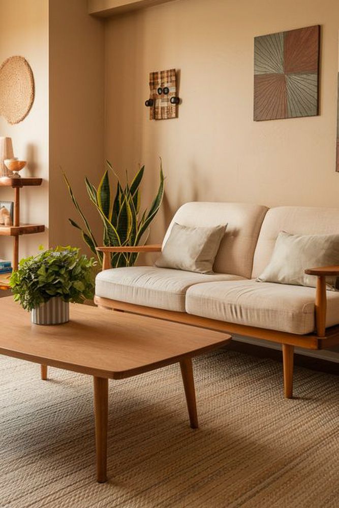 white sofa with wooden legs and home decor in living room