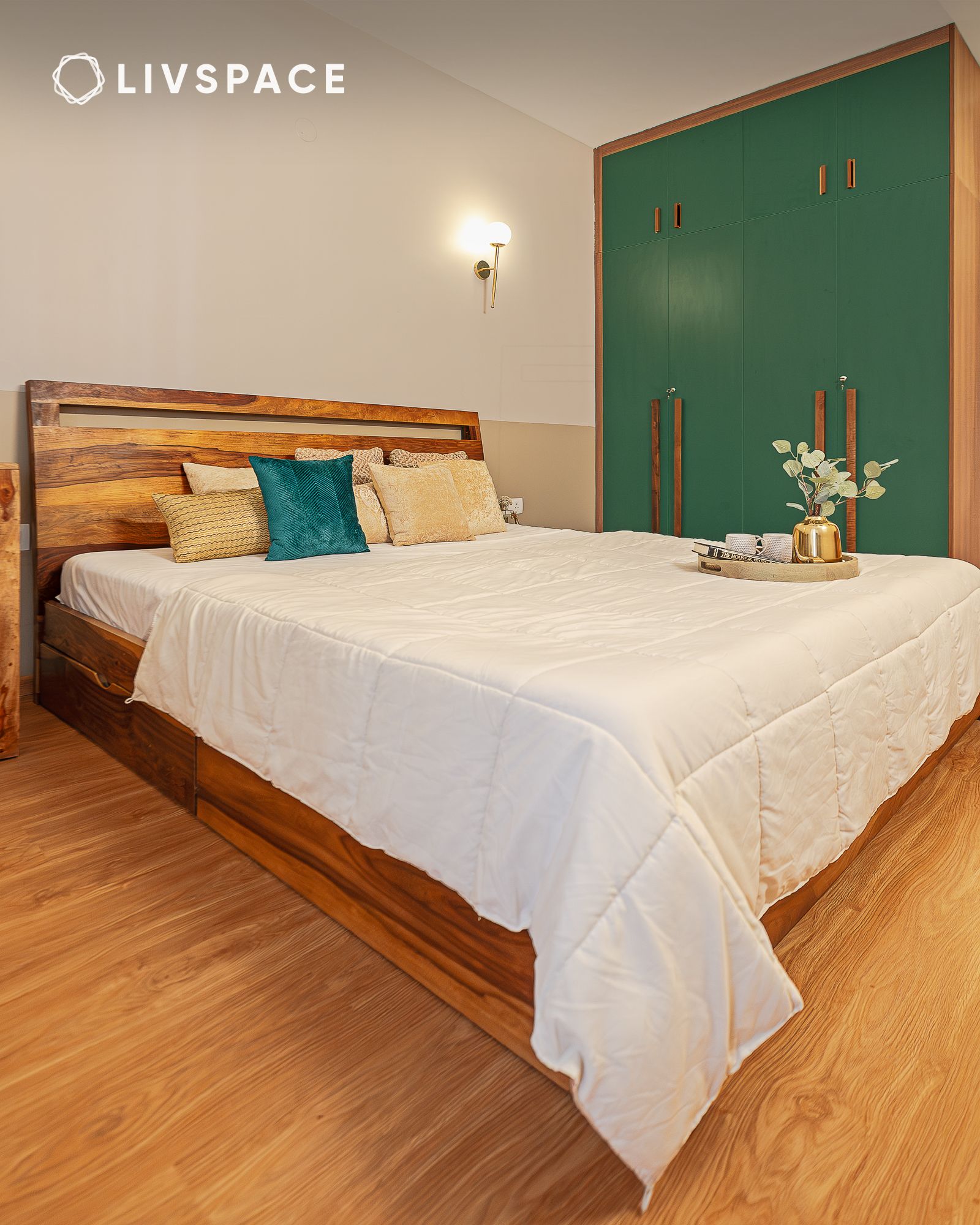 olive and wood combo bedroom