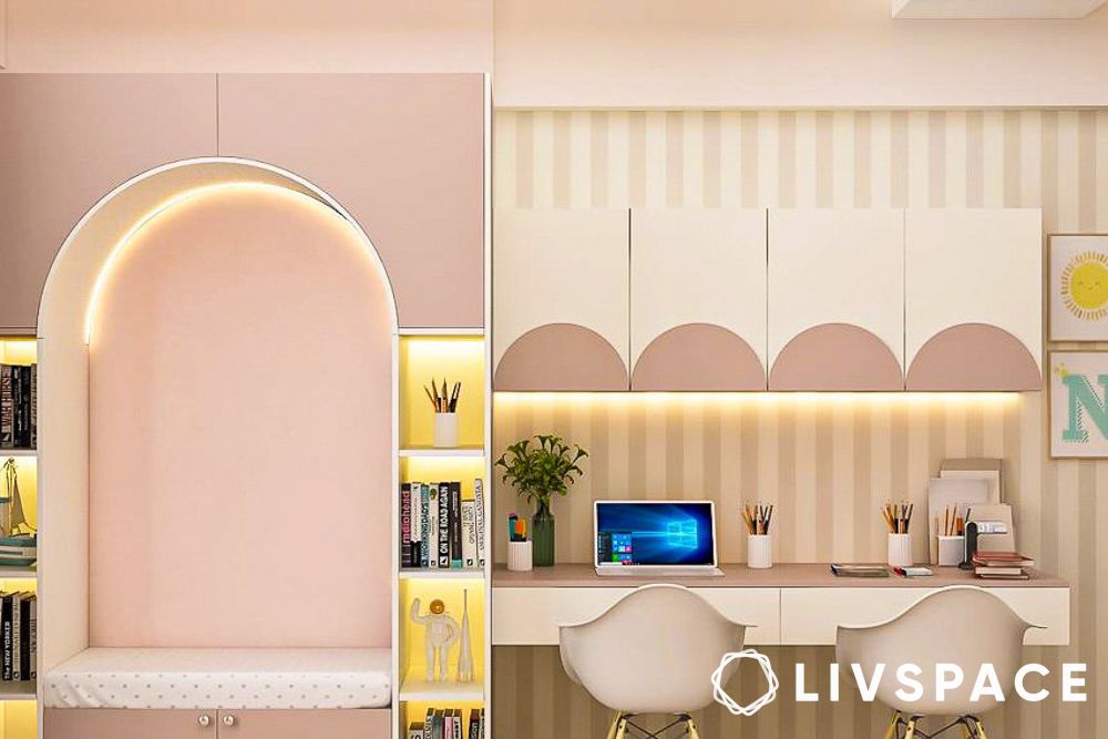 Open shelving in the study table for kids