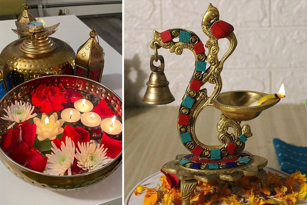 Holi decoration with brass diyas urulis