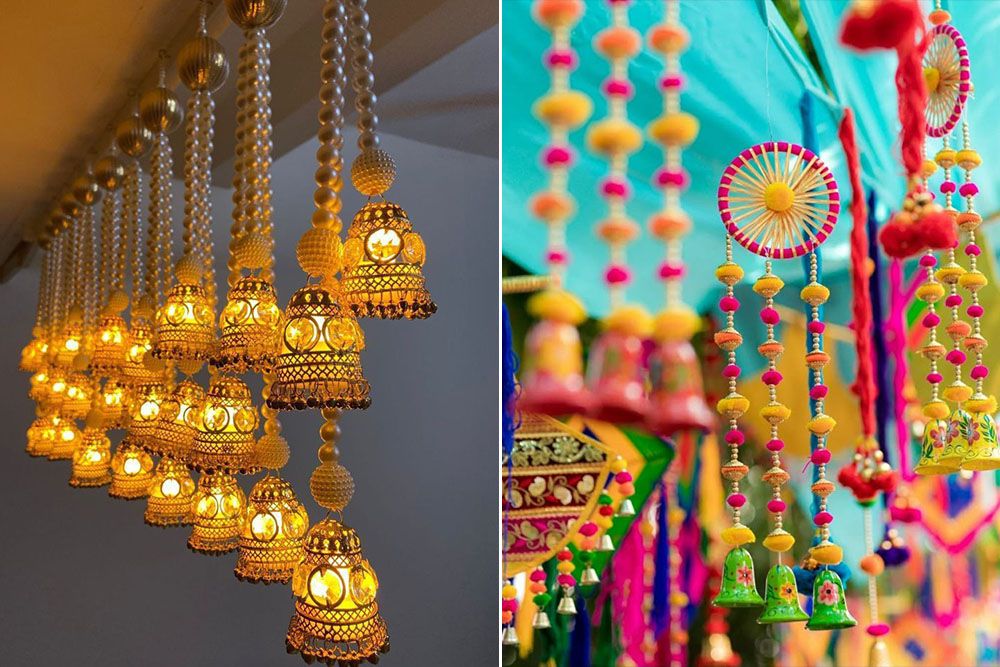 Holi decor ideas with temple bells wind chimes