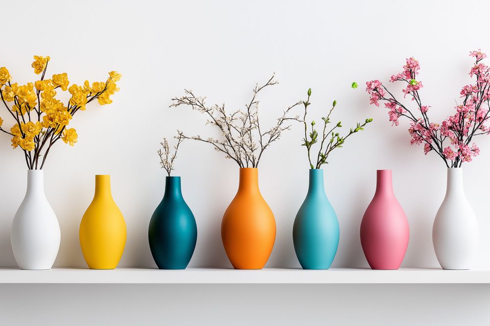 Home decor for holi with flower stems in colourful vases