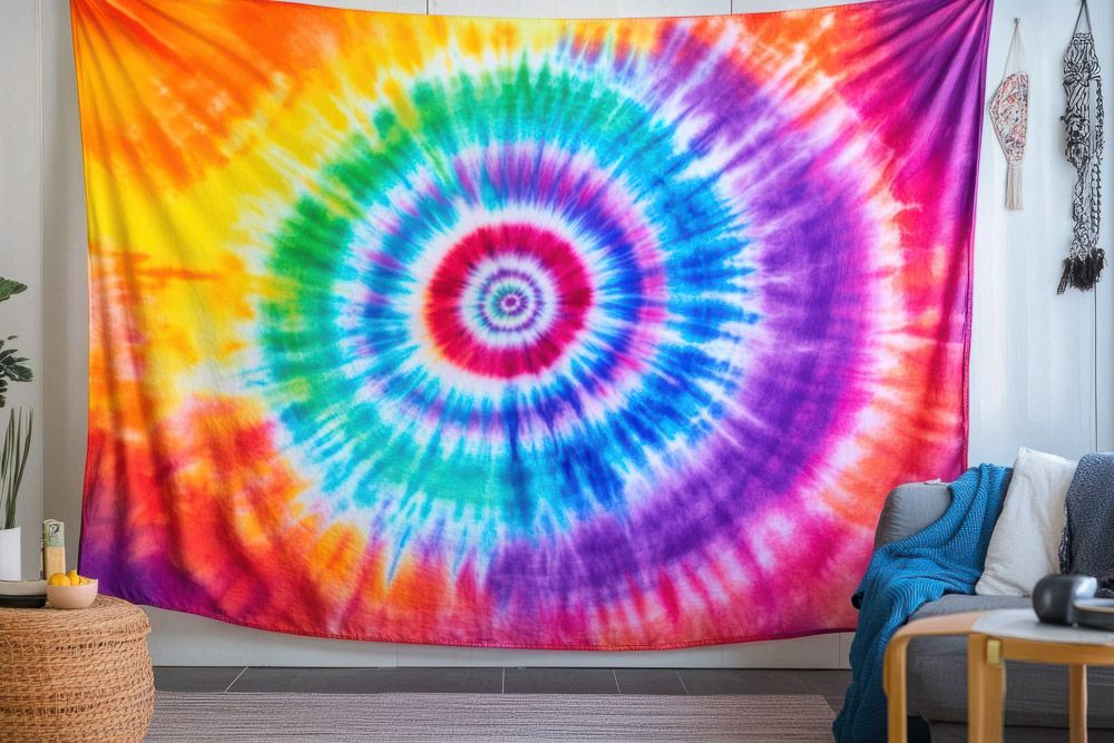 Holi decoration with tie dye tapestries