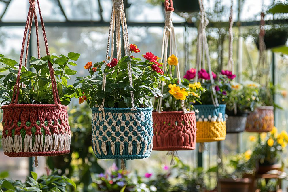 Home decor for holi with macrame plant hangers with colourful pots