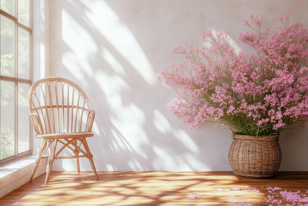 Holi decor ideas with flower petals or plants in vintage baskets