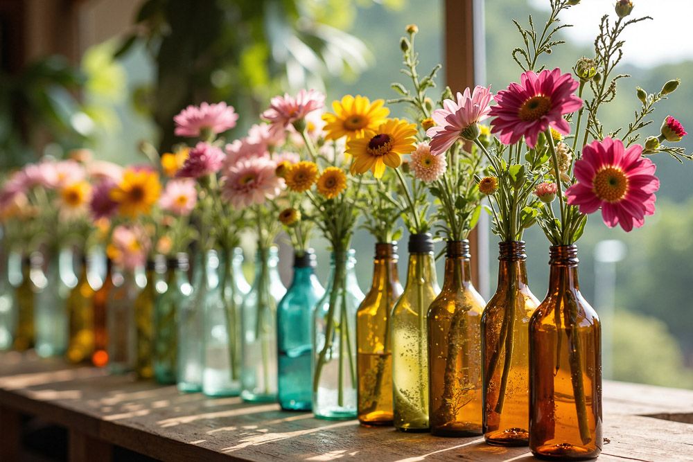 Home decor for holi with upcycled glass bottles as vases
