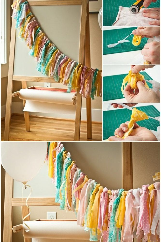 Holi decoration idea with string lights and colourful fabric scraps