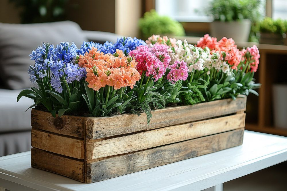 Holi decoration idea with wooden crates with flower arrangements