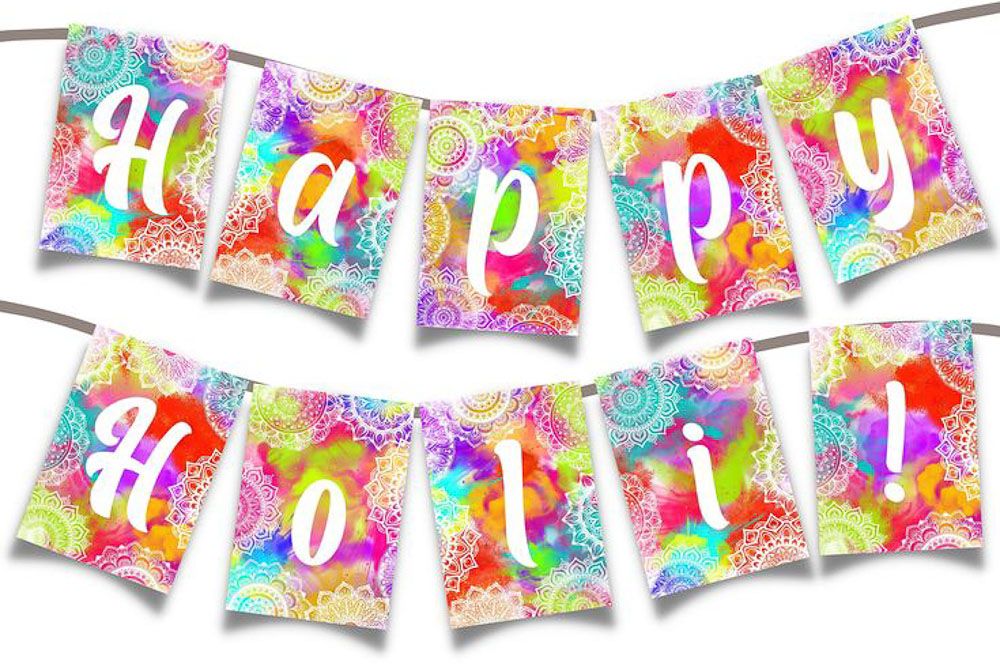 Home decor for holi with burlap banners with painted letters