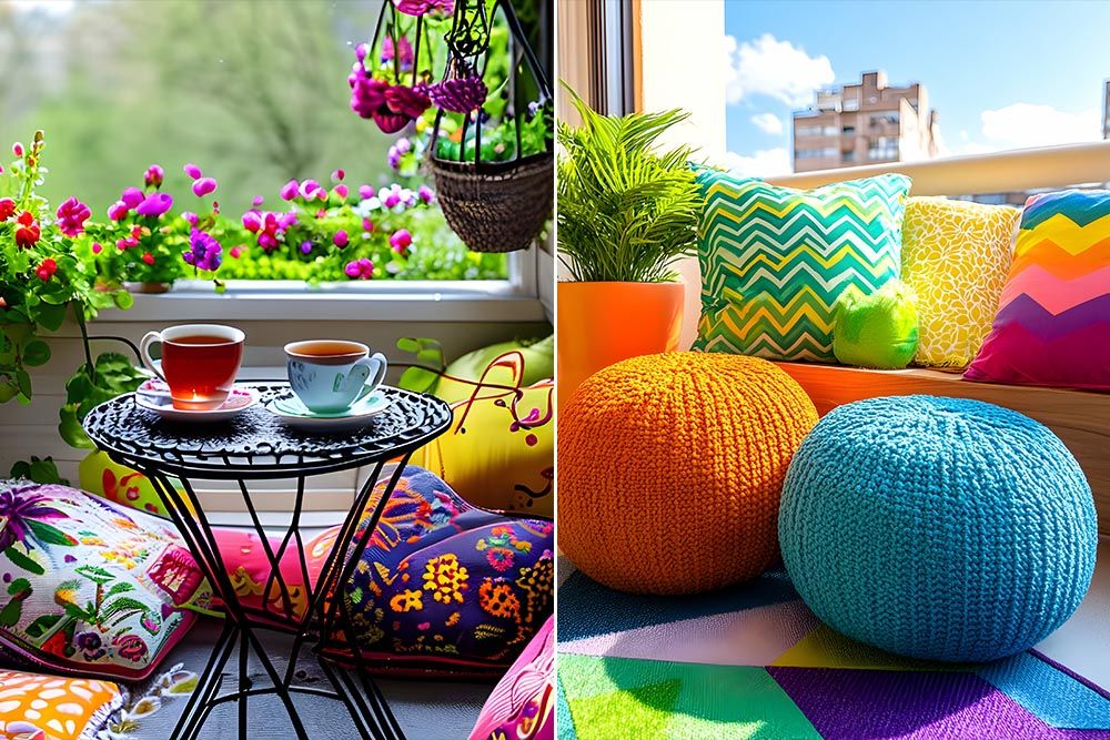 Floor cushions and poufs are ideal small balcony furniture ideas