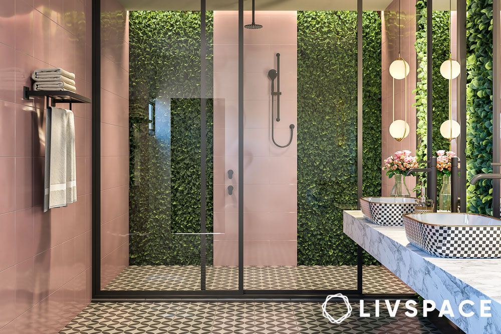 sustainable interior design with plans in bathroom