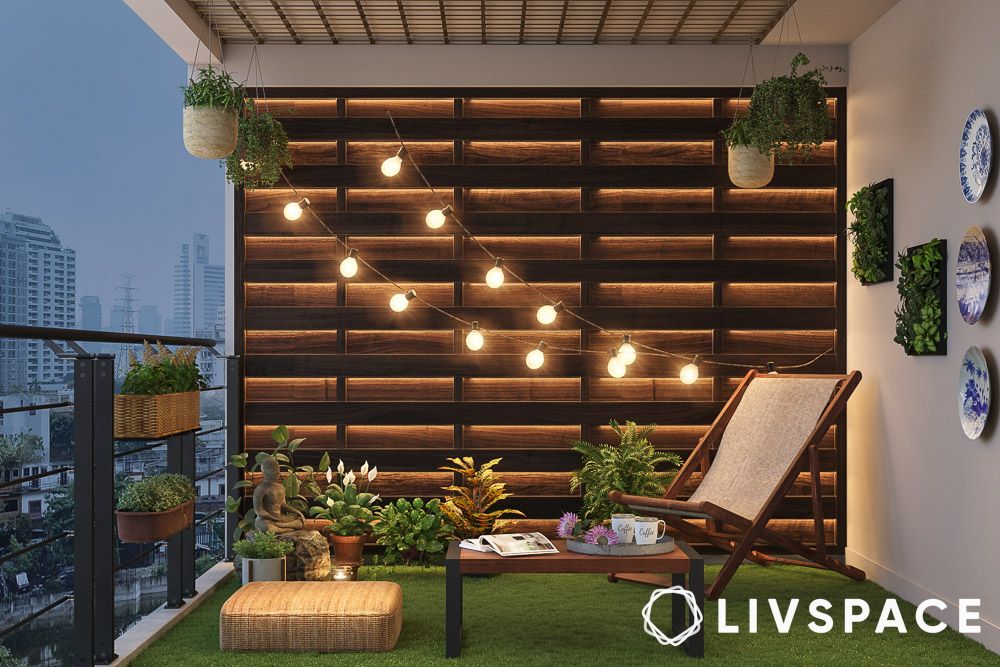 solar lights in balcony with lounge chair